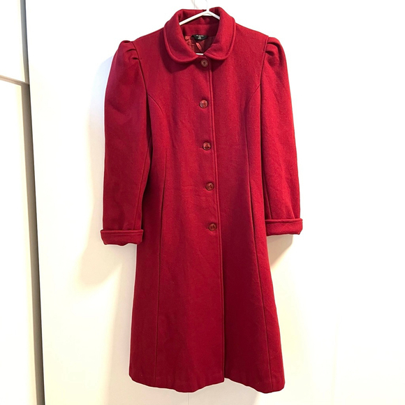 Vintage 80s Red Wool Coat Made in Canada Pea Coat Winter Holiday Puff Sleeve S/M - Picture 4 of 16